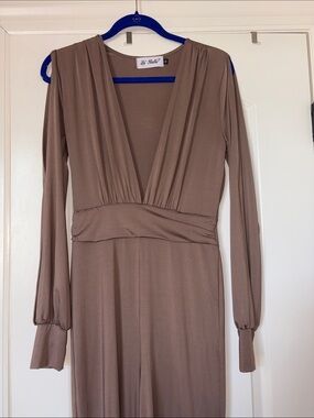 Taupe Long Sleeve V-Neck Women’s JumpSuit